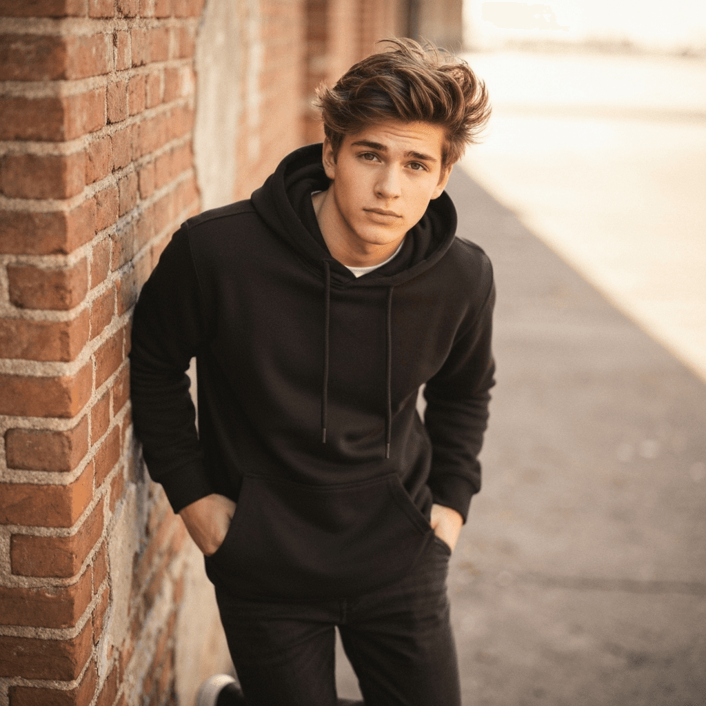 Man in black t-shirt using phone