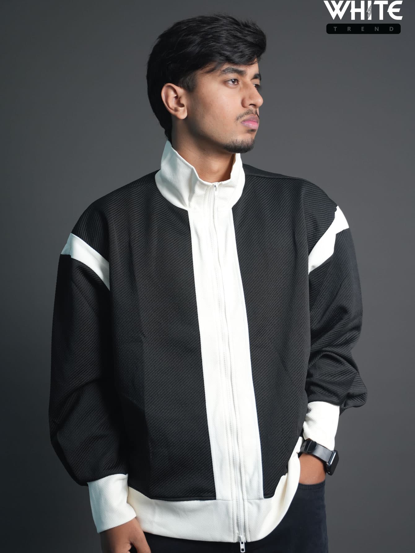 Hong Kong / Japan Style Men’s Oversized Color Block Knit Jacket – Casual Stand Collar Zip-Up Outerwear for Spring/Autumn/Winter