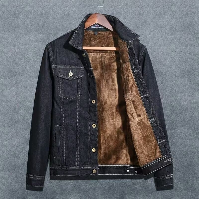 Winter Fleece-Lined Thick Denim Jacket – Long-Sleeved Lapel Workwear Style