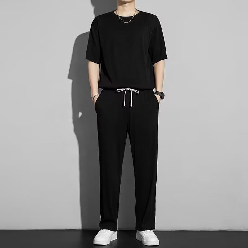 Summer Thin Ice-Silk Two-Piece Set for Men – Short-Sleeve T-Shirt & Long Pants